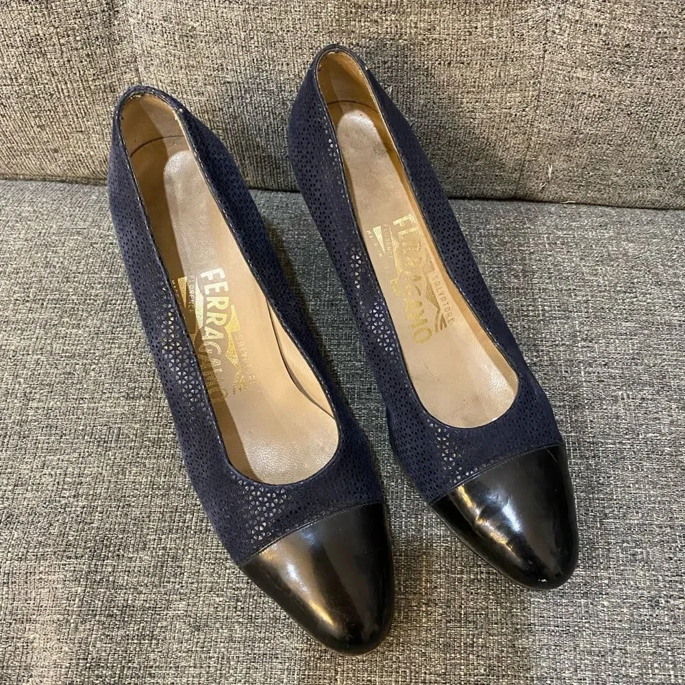 Salvatore Ferragamo Navy and Black Heels Suede Women’s Size 6.5